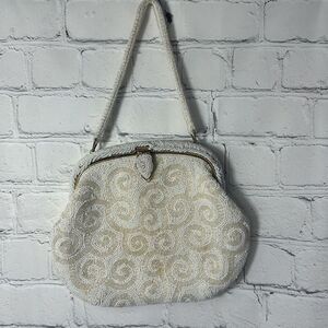 Antique Vintage Hand Beaded Japanese Purse Clutch Evening Bag White Beads Gold